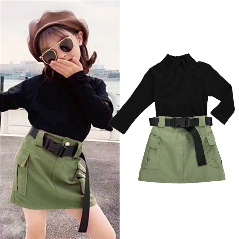 New 3 Pcs Set Kids Baby Girls Outfit Fashion Autumn Clothes Long Sleeve Half High Collar Sweater Tops+Skirt+Belt Toddler Suits | Мать и