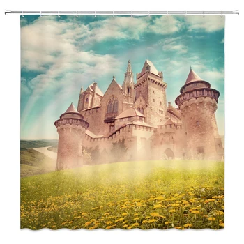 

Castle Bathroom Curtain 3D Waterproof Shower Polyester Fabric Bathtub Curtain Retro House European French Style Shower Curtain
