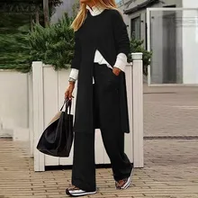 

Women Casual Loose Sets ZANZEA 2021 kaftan Long Sleeve Blouses and Wide Leg Pants Female Solid Tops Trousers Matching Sets 2PCS