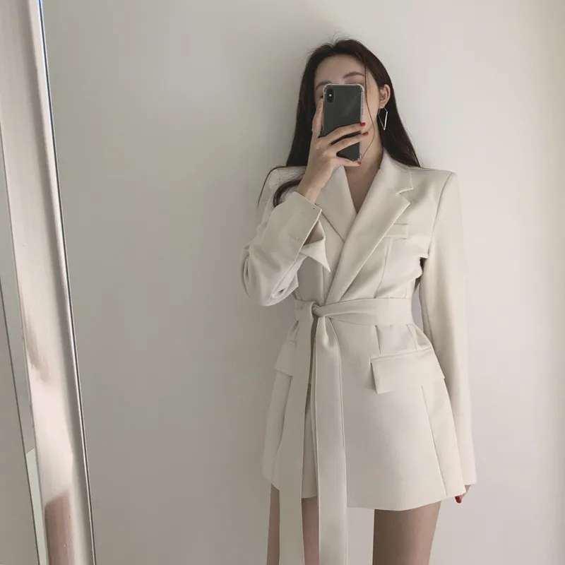 Women Solid Turn-Down Collar Belt Suit Coat Vintage Bandage High Waist Long Blazer Casual Black White Blazers