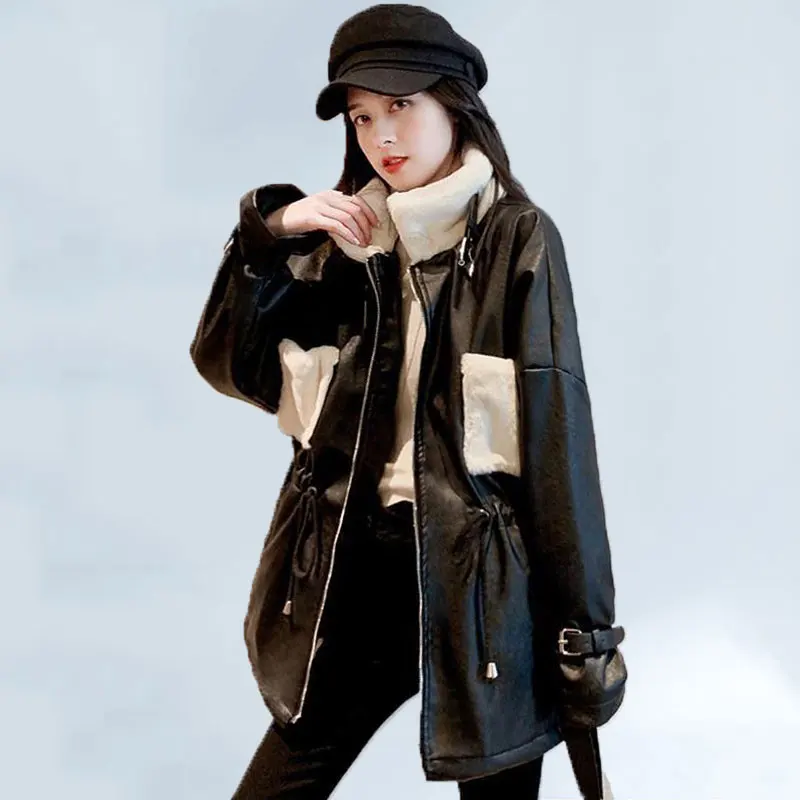 

Plus Velvet PU Leather Jacket Cotton Winter Jacket Women New Mid-length Korean Loose Waist Thick Stand-up Collar Jacket Coat 349