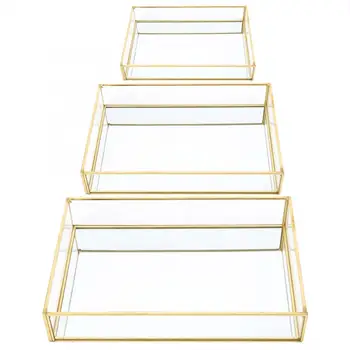 

3 Size Vintage Metal Glass Storage Box Gold Tray Jewelry Cosmetics Display Boxes Cosmetics Storage Tray Kitchen Organizer