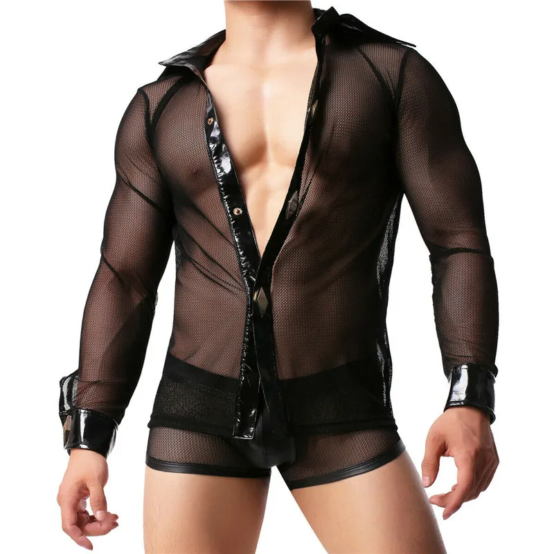 Shirt And Short Мужской комплект одежды, сексуальная прозрачная рубашка с длинным рукавом, боксеры, шорты, мужские трусы, нижнее белье, борцовские шорты, костюмы - Цвет: Shirt And Short