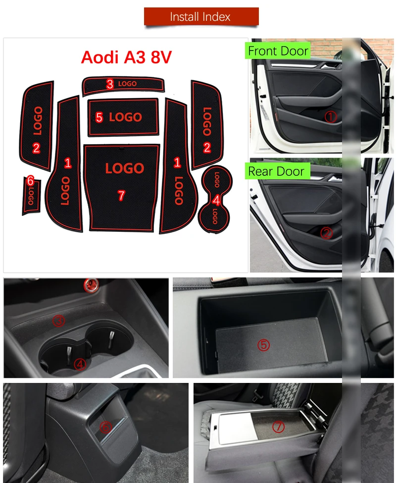 Противогрязный коврик для AUDI A3 8V 2013 S-Line с логотипом на двери, слот для ворот, Противоскользящий коврик