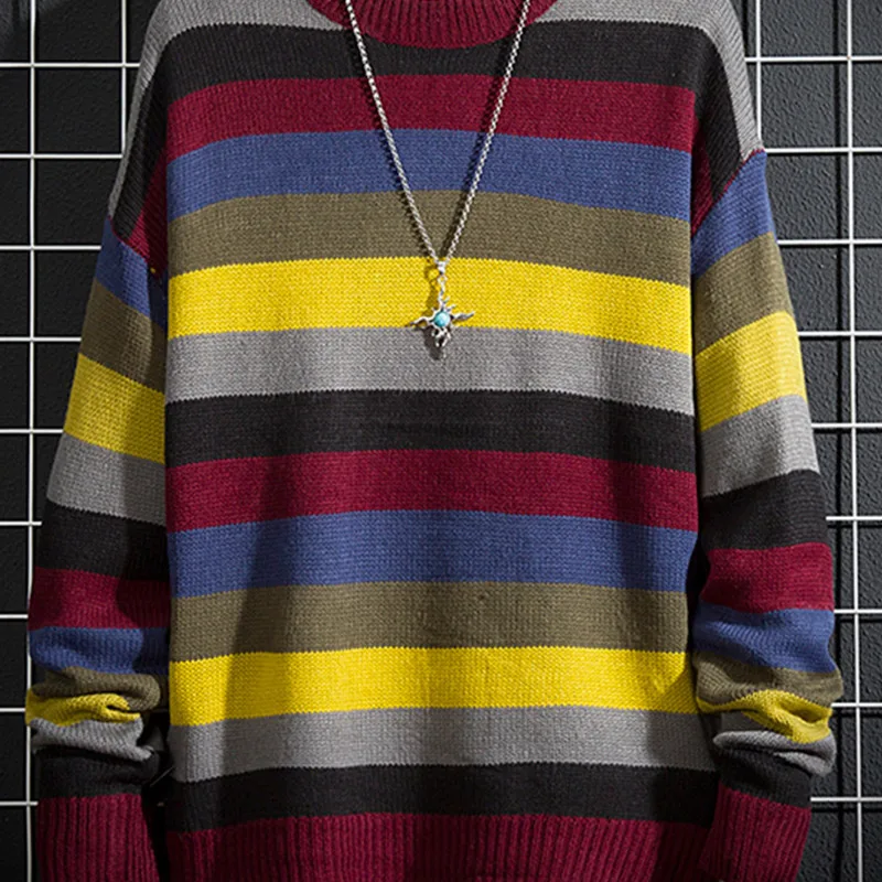 Зимний полосатый свитер мужской, теплый, модный, контрастный цвет, круглый ворот, вязаный пуловер, мужской, дикий хит, цвет, свободный, большой размер, свитер M-5XL
