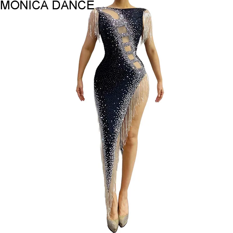 

Sexy Stage Black Latin Silver Crystals Fringes Rhinestones Dress Women Evening Celebrate Costumes Outfit Prom Birthday Dress