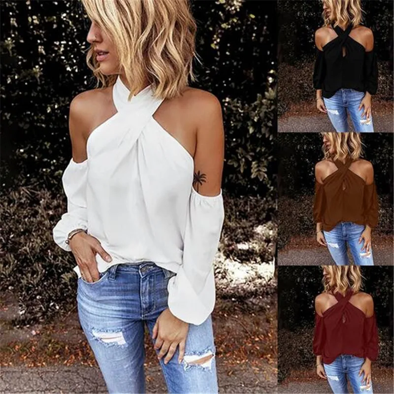 Women Elegant Shirt Long Sleeve Summer Blouse Pure Color Halter O-neck Pullover Tops Cold Off Shoulder Work Office | Женская одежда