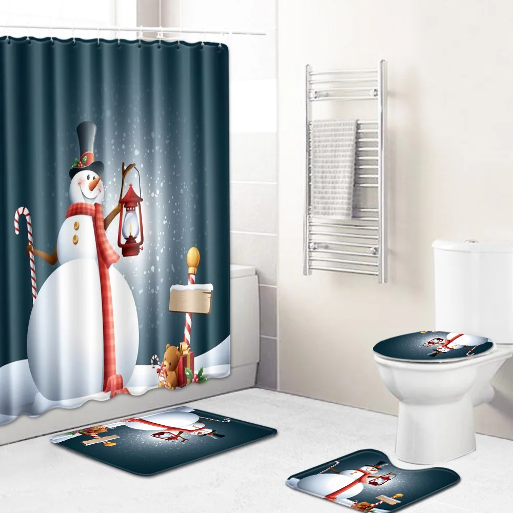 4 костюма Счастливого Рождества набор для ванной Снеговик Дед Мороз Санта колокольчик лося узор водонепроницаемый Душ занавеска Туалет крышка коврик нескользящий ковер