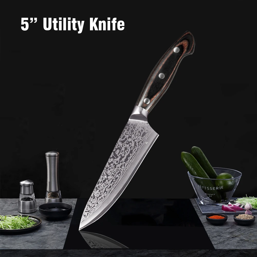 5 inch utility knife FANGZUO набор кухонных ножей из нержавеющей стали, лазерная Дамасская сталь, ультра острое лезвие, кухонные ножи, инструменты для повара, 4 шт., Подарочный нож - Цвет: 5 inch utility knife