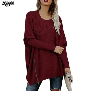 

Women Casual Top O-Neck Batwing Sleeve Pullover Geometric Zip Autumn,Winter Long Loose Hip Length Sweater