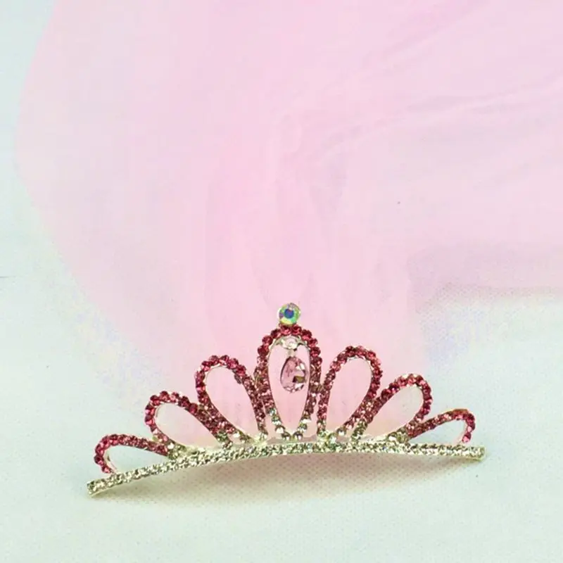 Flower Girls First Communion Mesh Veil Headband With Gradient Colored Rhinestone Tiara Crown Ruffles Veil Wedding Party Headwear