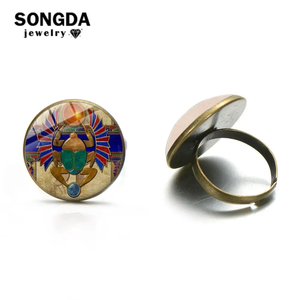 SONGDA Vintage Egyptian Scarab Art Picture Glass Gem Ring Steampunk Alloy Adjustable Open Rings for Women Ancient Egypt Jewelry | Украшения