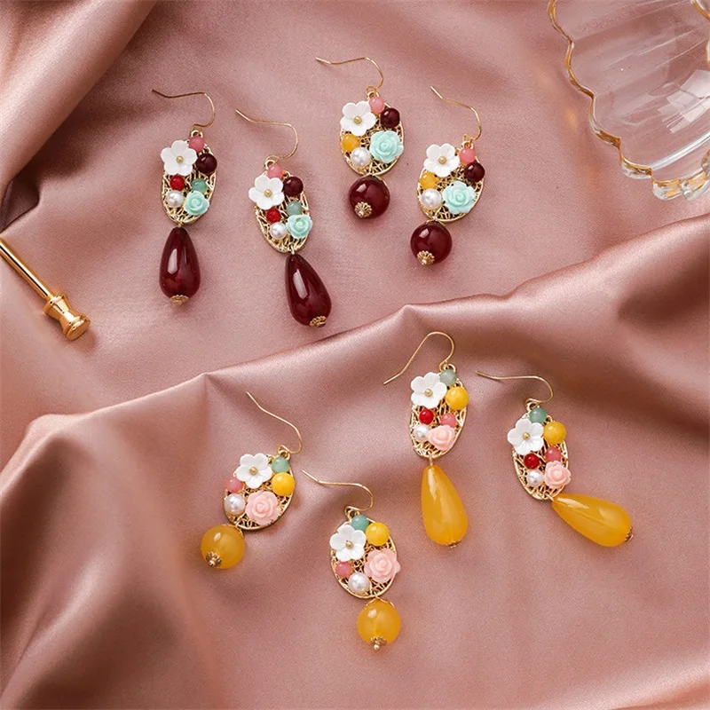 

2019 New National Wind Vintage Crystal Beads Drops Flower Earrings Fashion Sweet Court Wind Women's Pendant Earrings Jewelry