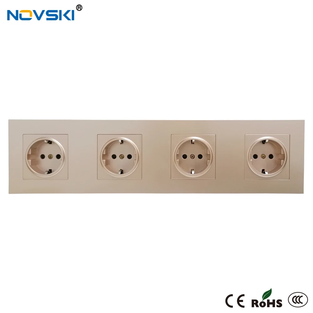 EU Multi Outlet Wall Socket Quintuple Frame German Plug Grounded, 16A Electrical Socket Champagne Gold, 15 Years Warranty