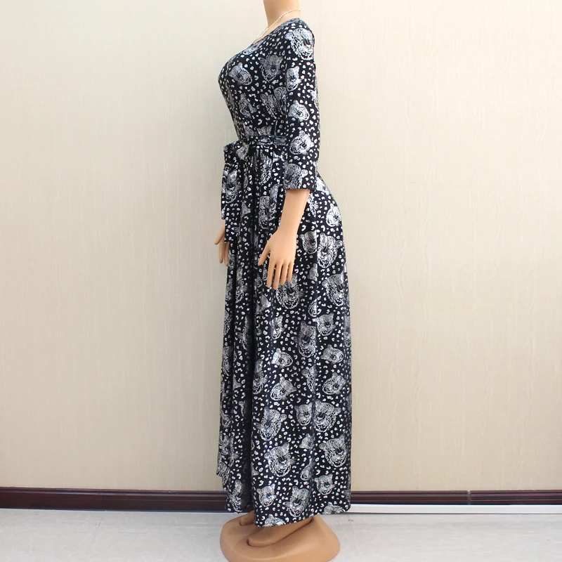 Осенне-зимнее платье с круглым вырезом Женская одежда Boho каникулы животные принт черное Африканское Макси платье ТРАПЕЦИЕВИДНОЕ длинное платье