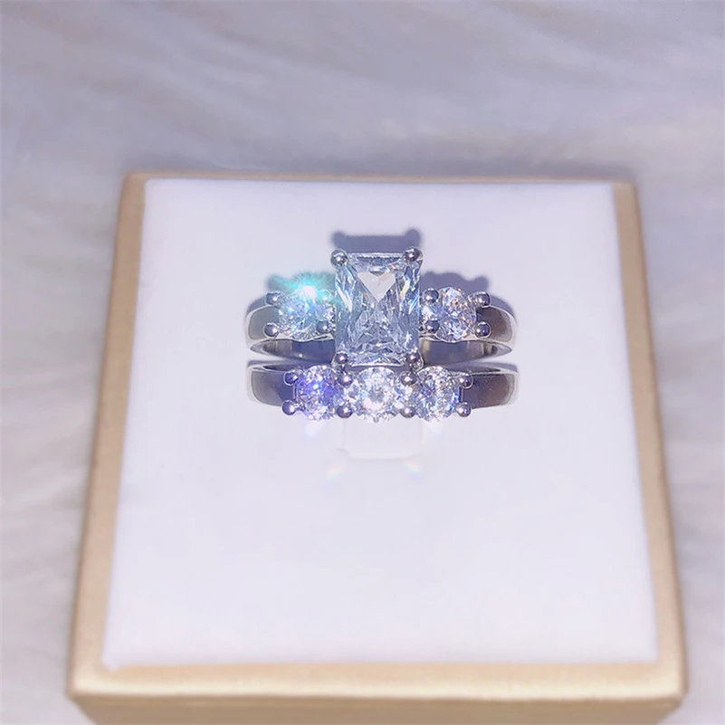 

925 Stamp Sliver Sterling Ring Set for Women Luxury White Topaz Anillos Bizuteria Silver Gemstone Fashion Fine Jewelry Ring 2019