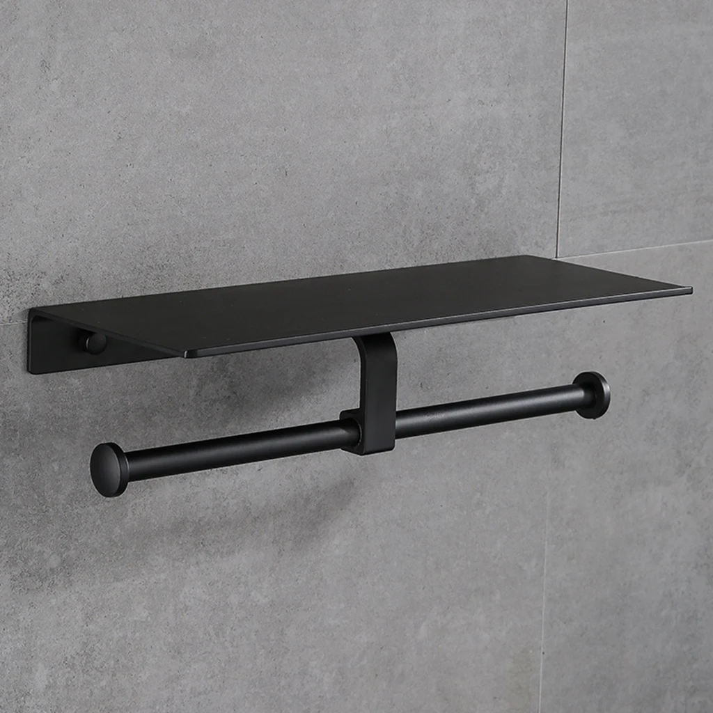 

Space Aluminum Black Paint Double Paper Holder Wall Mounted Bathroom Accessories Phone Rack Toilet Shelf Roll holder