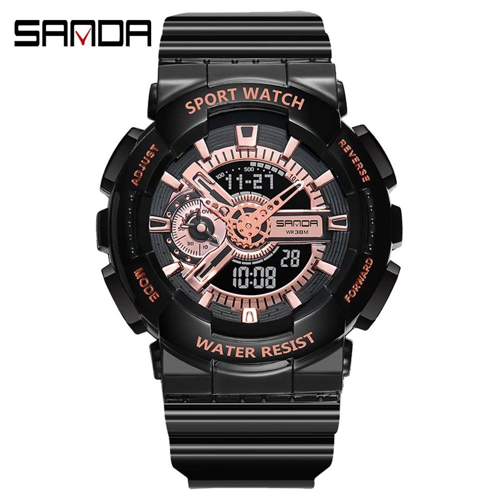 SANDA G стильные спортивные мужские часы, многофункциональные водонепроницаемые спортивные наручные часы для пары, кварцевые часы для мужчин, мужские часы - Цвет: Man black rose gold