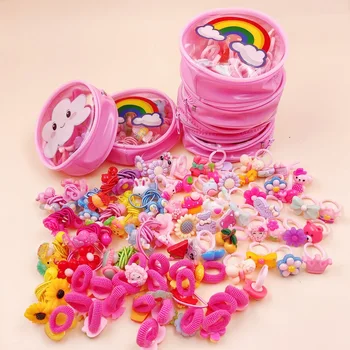 20Pcs/Pack Children's Cartoon Resin Rings Hairband Clip Rubber Band Headband Earrings Girl Hair Accessories Kids Jewelry Gift 1