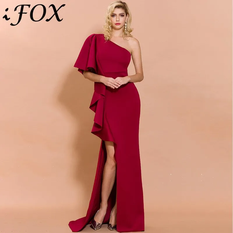 IFox женское сексуальное платье с асимметричным вырезом на одно плечо с высоким разрезом модное однотонное платье с оборками без рукавов