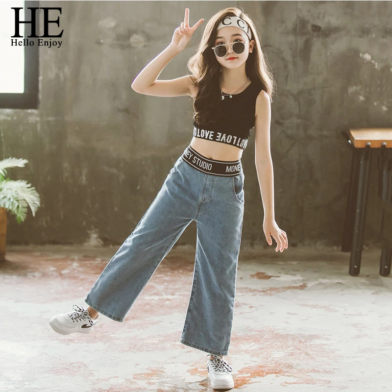 He Hello Enjoy Kid Girl Fashion Thin Section Vest Tops Jeans Trousers 2pc Set Summer Girl Casual Outfits Children Clothes Suits Clothing Sets Aliexpress