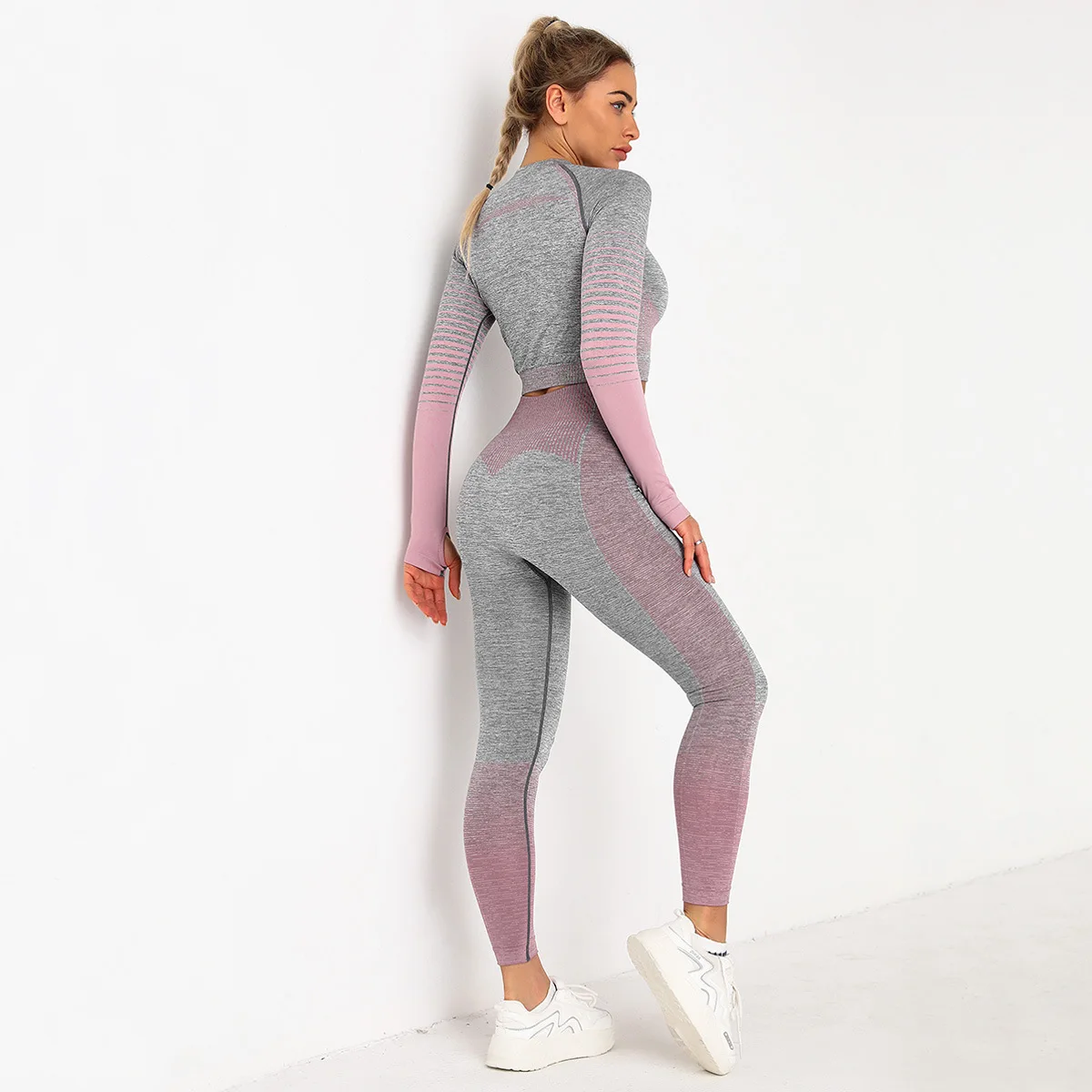 Athletic Contour Outfits Ombre Striped Long Sleeve Seamless 2 Piece Set Yoga Leggings Sport Womens Fitness Gym Clothes Tracksuit Athletic Contour Outfits Ombre Striped Long Sleeve Seamless 2 Piece Set Yoga Leggings Sport Womens Fitness Gym Clothes Tracksuit