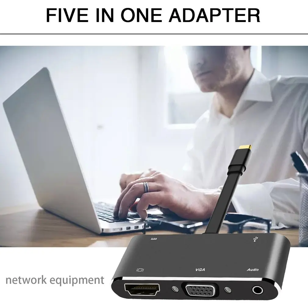  Telefono Convertitore di 5 in 1 USB-C a PD + HD + VGA + Audio + USB3.0 OTG Convertitore di Cavo di 