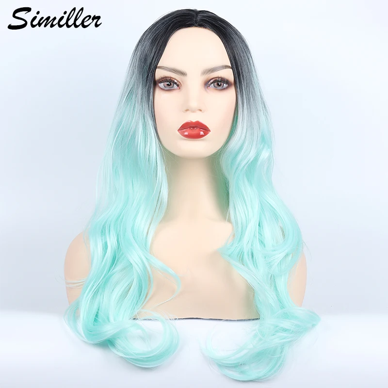 

Similler Synthetic Long Wavy Green Pink Wigs for African American Women Heat Resistance Fiber Ombre Cosplay Wig Middle Part