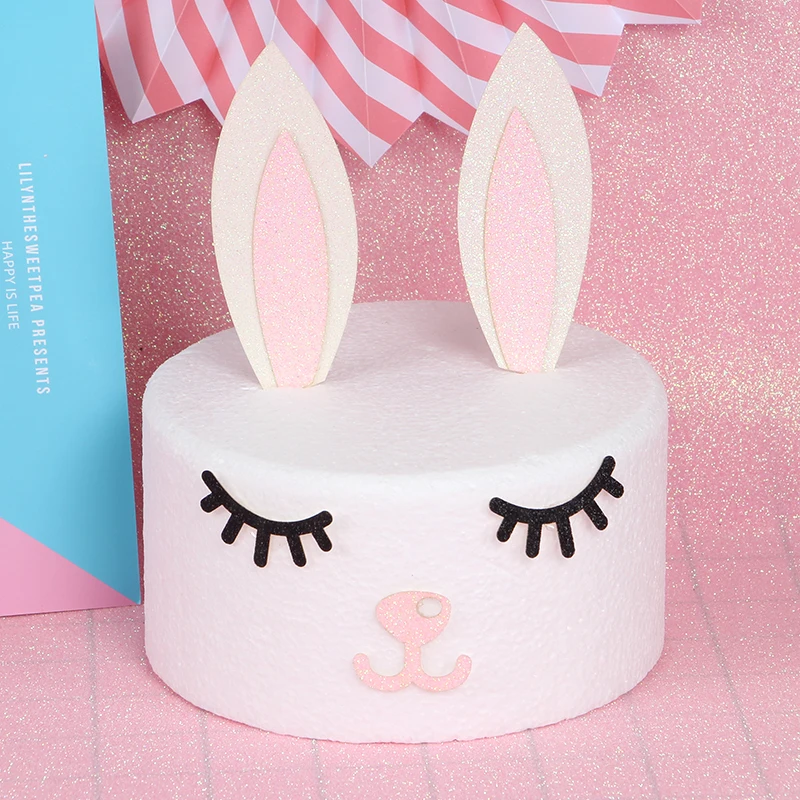 Glitter Sprouting Sleepy Bunny Ears Cake Topper Decorative Plug-in Set Baby Birthday Party Dessert Table Decoration