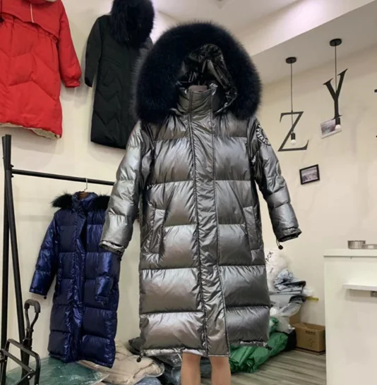 Элегантные длинные женские куртки на белом утином пуху, Модная парка, Женское зимнее пальто, длинные большие меховые пальто с капюшоном, куртка серого цвета - Цвет: Gray