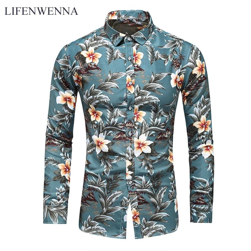 Lifenwenna Men's Shirt Autumn New Fashion Flower Printed Long Sleeve ...