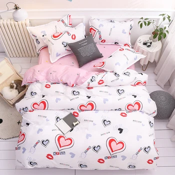 

Pink heart sweetheart love Ins Bedding Sets Duvet Cover Pillowcase Flat Bed Sheet bed linen King Queen Double Full 4pcs,Single