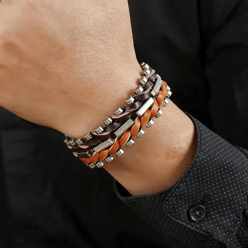 Cowhide Leather Retro Bracelet Punk Style Men Bangle Statement Jewelry Gift Retro Plant Charm Bracelet Bangles Homme Male