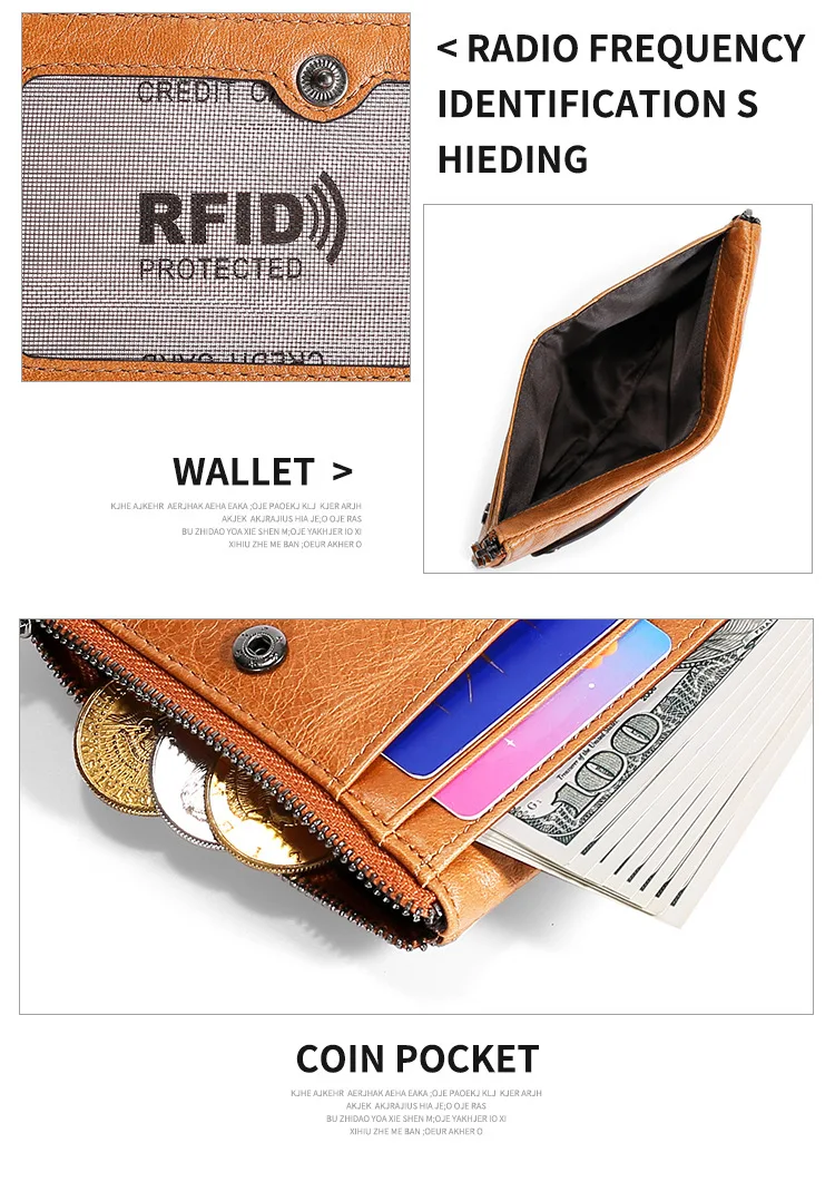Новинка, мужской кошелек из натуральной кожи, RFID, держатель кредитных карт, двойная молния, Воловья кожа, кошелек, кошелек, Cartera Hombre