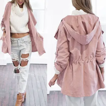 

Spring Women's Casual Hooded Windbreaker Coat Turn-down Collar Overcoat Outerwear Coat Solid Color Slim Trench Coat ropa mujer