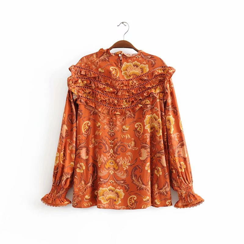 Boho Chic womenTops Винтаж Цветочный принт оборками свободные блузки дамы О образным вырезом с длинным рукавом пляжные рубашки Blusas Mujer