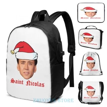 

Funny Graphic print Saint Nicolas Cage Christmas Card USB Charge Backpack men School bags Women bag Travel laptop bag
