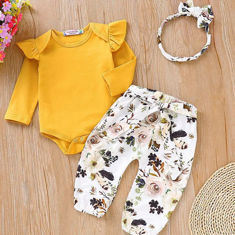 0-18M Autumn Winter 3 Pieces Newborn Baby Girl Clothes Set Infant Kids Long Sleeve Romper Tops+Pants Leggings Headband Outfits