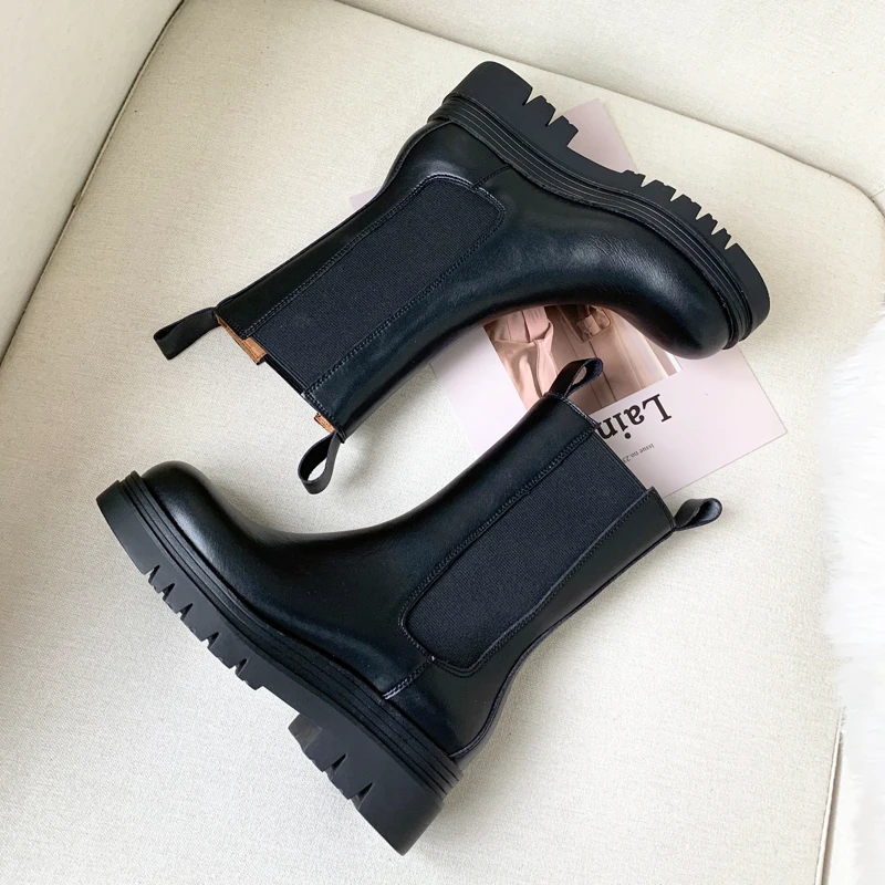 Black Platform Chelsea boots women round toe Thick Bottom ankle boots for women fashion brand design Knight Boots Woman