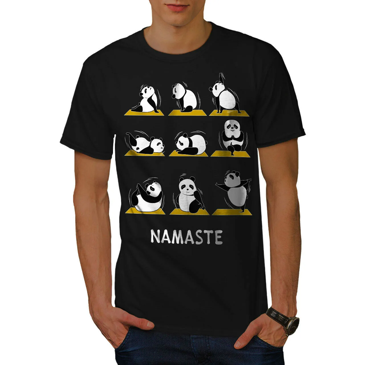 

Namaste Funny Panda Yoga Poses Graphic Design Printed Men's T-Shirt. Summer Cotton Short Sleeve O-Neck Unisex T Shirt New S-3XL
