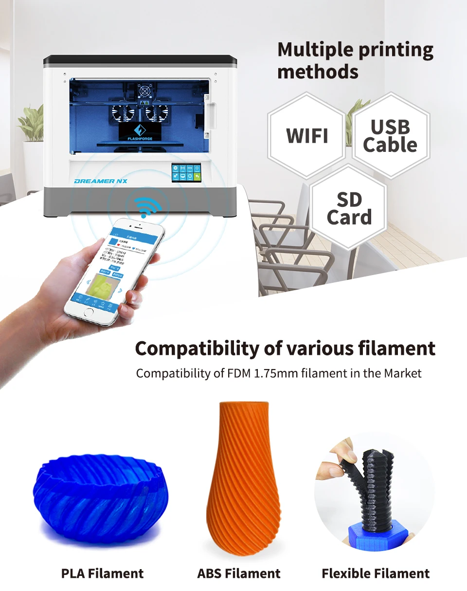 Flashforge Dreamer NX 2,0 Принтер 3D экономичная версия один экструдер с 1 катушкой