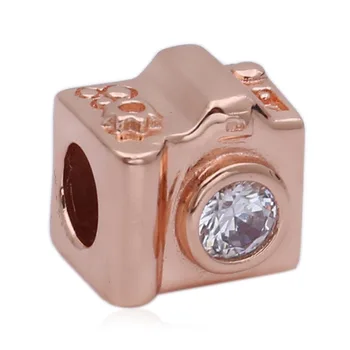 

New 925 Sterling Silver Bead Charm Rose Gold Camera With Crystal Beads Fit Bracelet Bangle Diy Jewelry