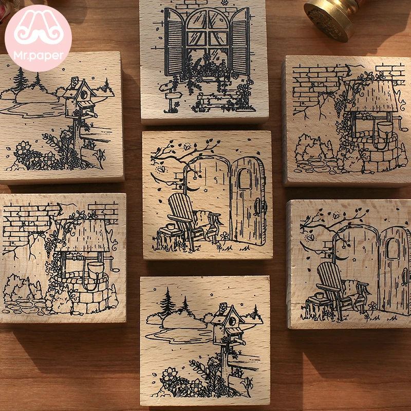 

Mr Paper 4 Designs Fairy Tale Cartoon Scenery Series Square Wooden Rubber Stamps for Scrapbooking Deco Craft Wooden Stamps