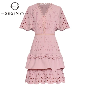 

SEQINYY Mini Dress 2020 Summer Spring New Fashion Design Women Short Sleeve Ruffles Hollow out Mini Dress Sweet