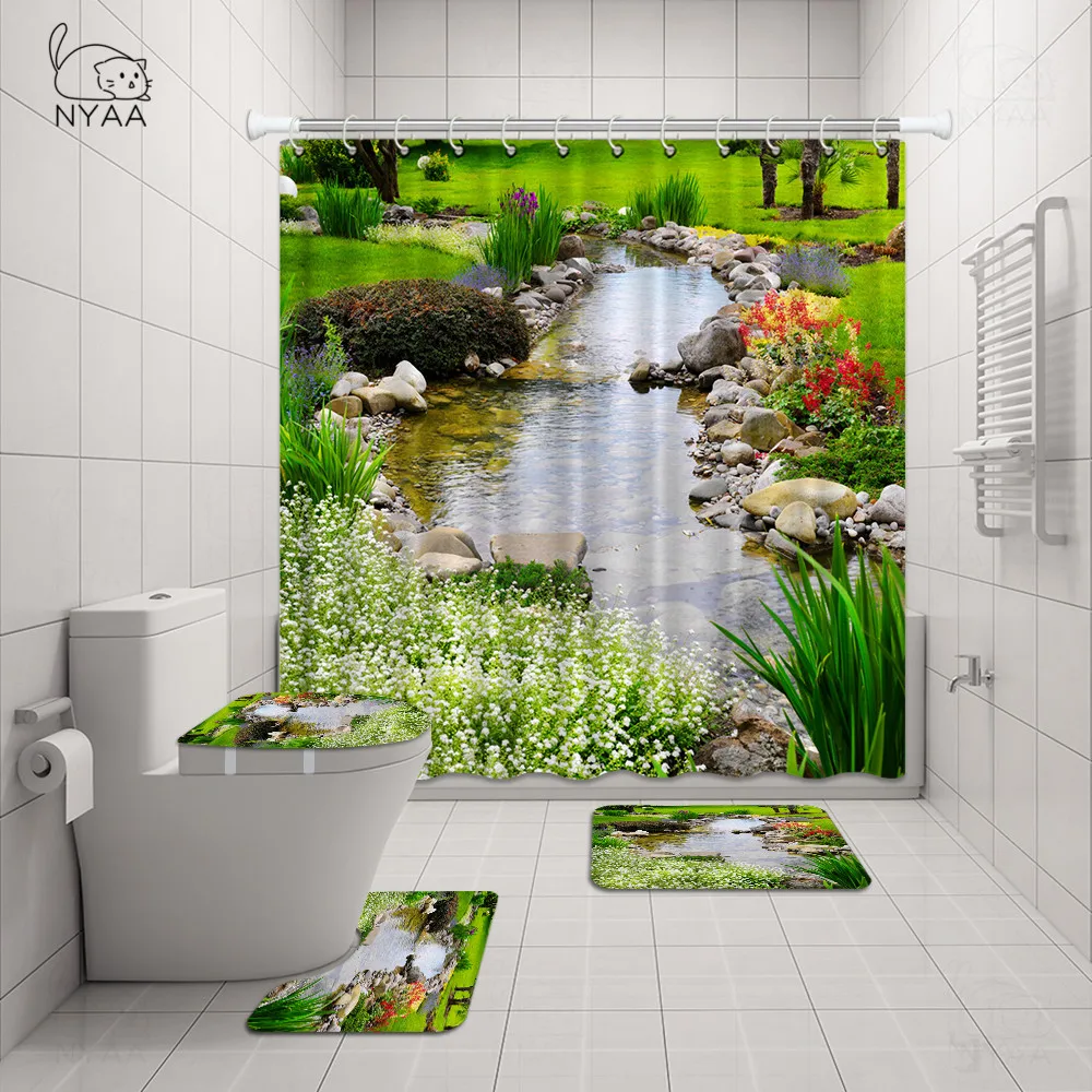 NYAA Modern Vintage Garden Flowers Scenery Shower Curtain Set Floral Bathroom Bath Mats Rug Nature Home Decor | Дом и сад