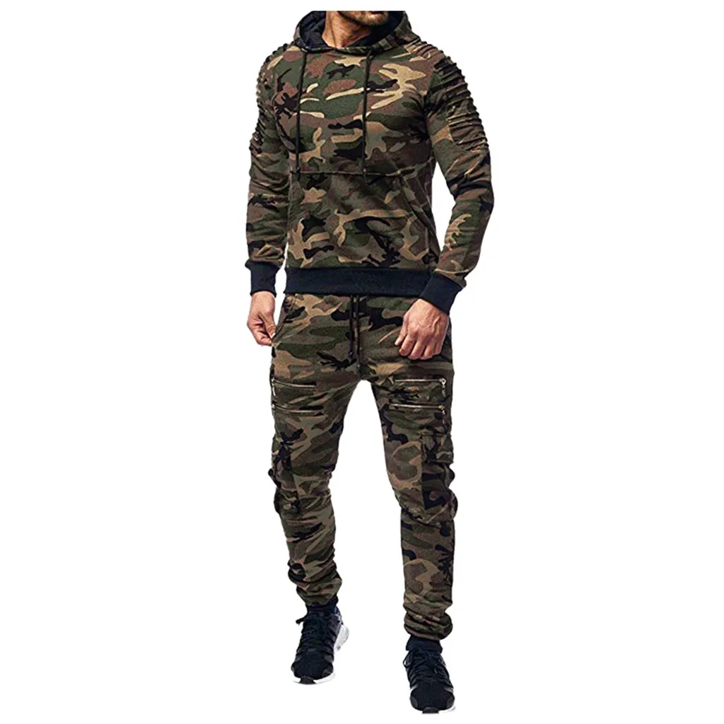2 шт. мужской комплект весна осень Сращивание камуфляж куртка+ брюки спортивные худи толстовка и брюки мужская одежда спортивный костюм