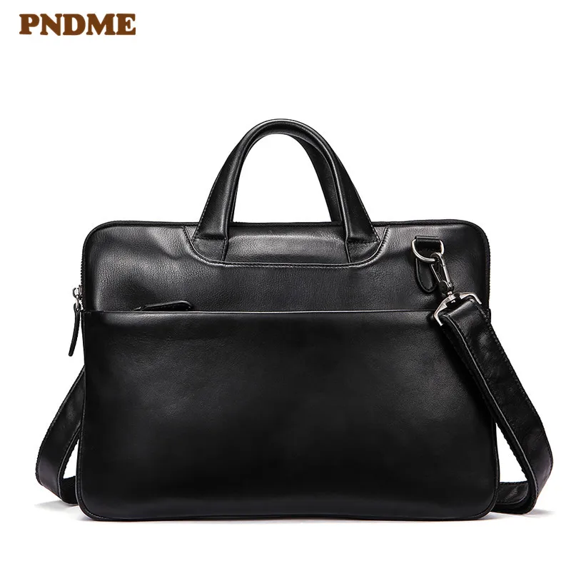 

PNDME black genuine leather men's women's business briefcase casual simple soft cowhide laptop shoulder bag small work handbags