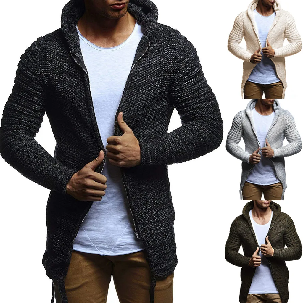 Мужская трикотажная куртка-кардиган на молнии, Осеннее однотонное пальто с капюшоном для отдыха, новое пальто с длинными рукавами, повседневный однотонный кардиган, верхняя одежда, толстовки