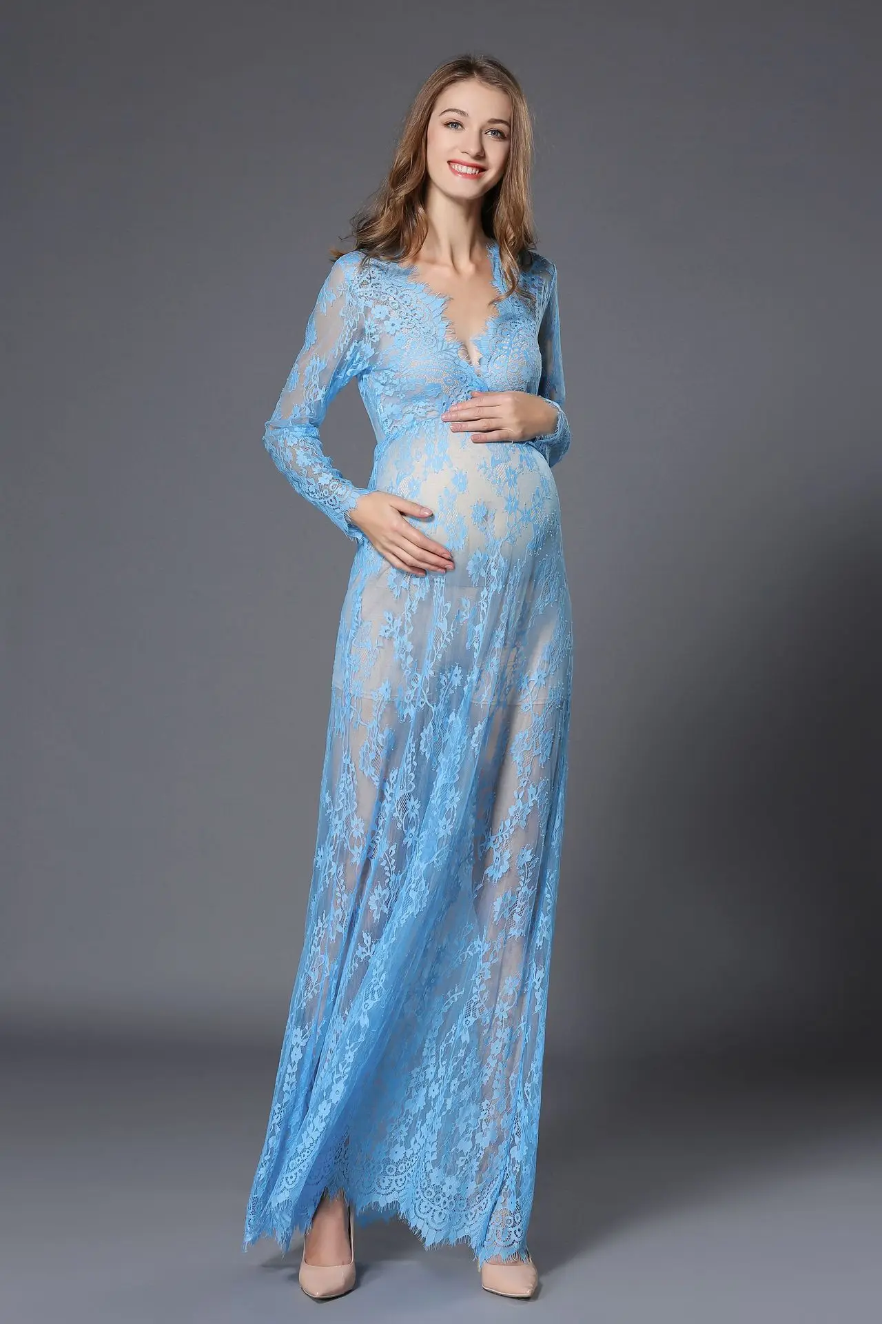Maternity Lace Dress Pregnant Photography Photo Props Fancy Women Clothes long sleeve dress  womens clothing dresses