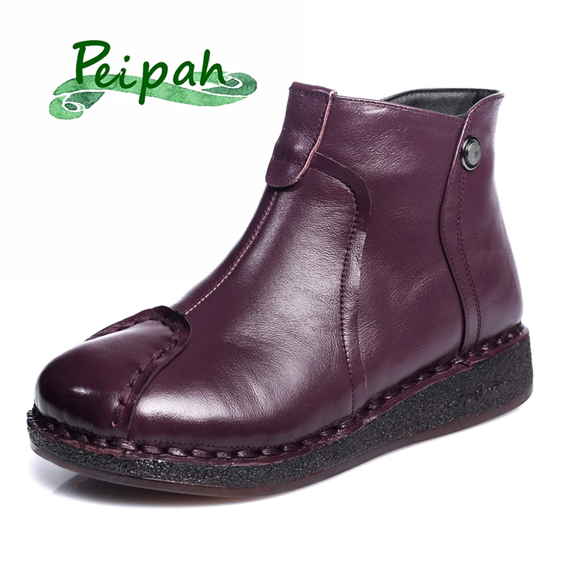 

PEIPAH Fall/winter cotton boots head layer leather soft bottom flat bottom leather mother short warm padded plush women shoes